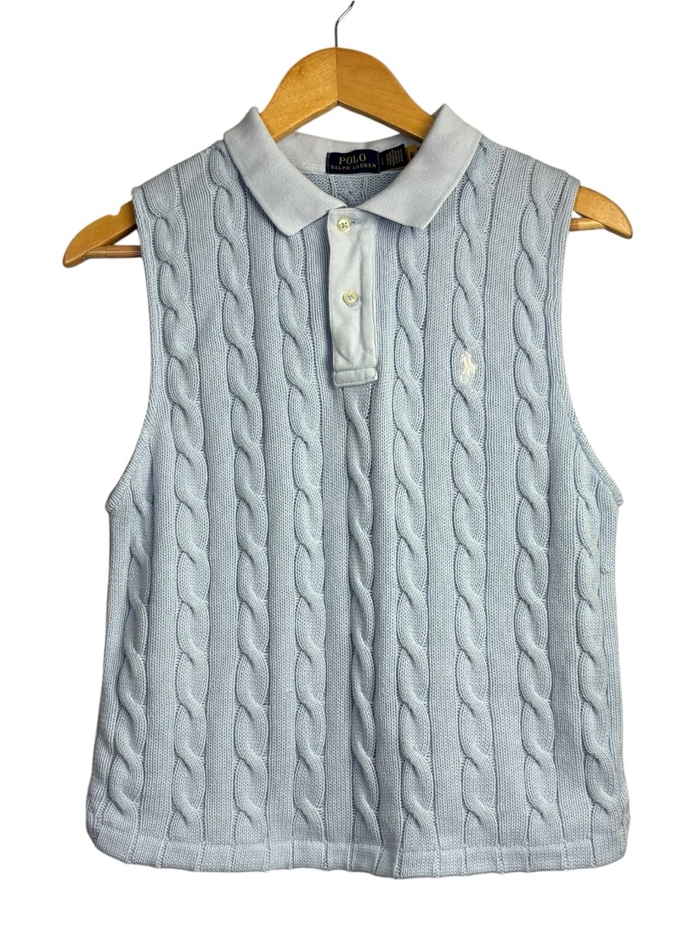 POLO RALPH LAUREN Cable Sleeveless Polo knit Sweater collared Blue size L